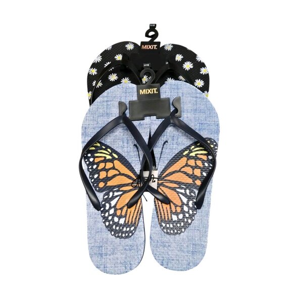 Lot Of 2 Pairs Mixit Flip Flops Womens 11/12 Blue Butterfly Black Daisy Sandals - Picture 4 of 6